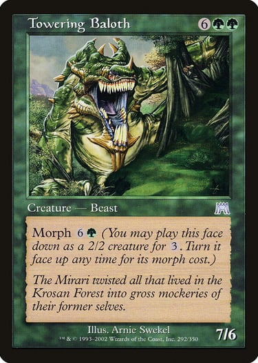 Magic The Gathering Towering Baloth card featuring a green beast creature with sharp teeth in a forest.