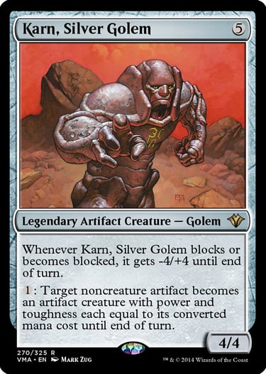 Karn, Silver Golem Magic the Gathering card featuring a powerful legendary artifact creature against a red desert backdrop.