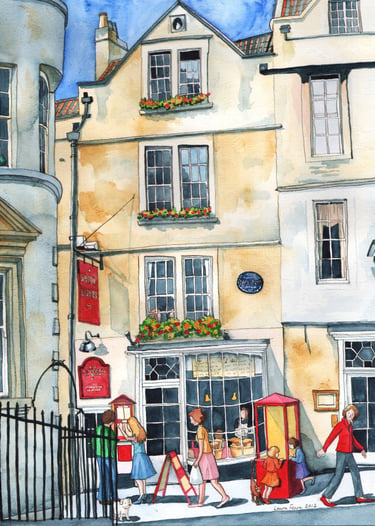 A colourful painting by Laura Fearn of Sally Lunn's House in Bath.
