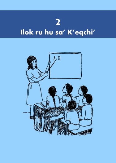 Book cover in light blue color with a drawing depicting a female teacher and five students