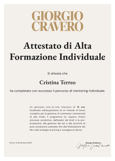 Certificate of completion for a professional training course in still-life photo for brand photo