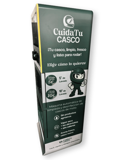 Máquina automática CuidaTuCasco para limpieza de cascos de moto con vapor, aroma y luz ultravioleta.