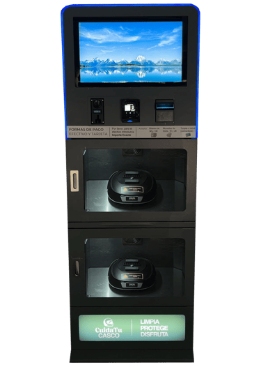 Máquina automática CuidaTuCasco para limpieza de cascos de moto con vapor, aroma y luz ultravioleta.