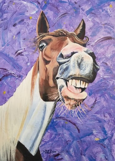 Whimsical  painting of a laughing brown horse with teeth showing against a purple background.