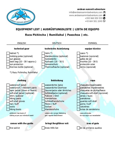 Equipment List Hiking Ecuador