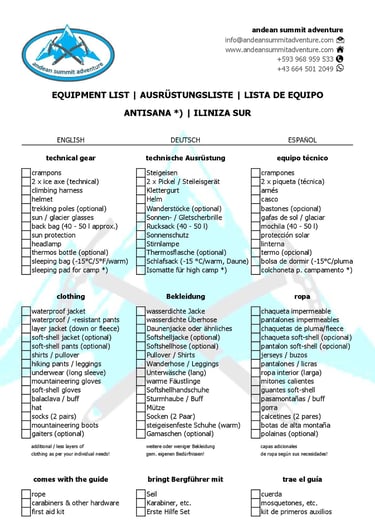 Equipment List Antisana, Iliniza Sur