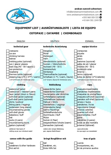 Equipment List Cotopaxi Chimborazo