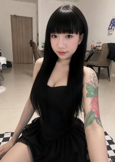 Young woman with long black hair and a floral arm tattoo wearing a black dress in a minimalist room.