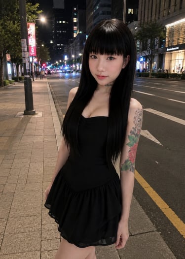 Young woman with long black hair and a floral arm tattoo wearing a black dress on a city street at night.
