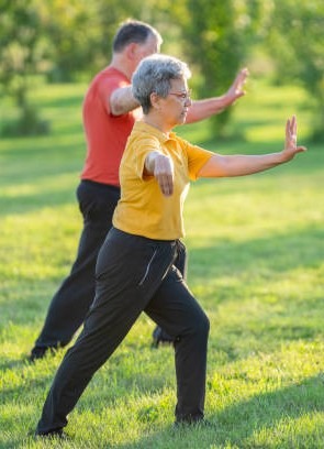Practicing Tai Chi exercises outdoors for health and wellness