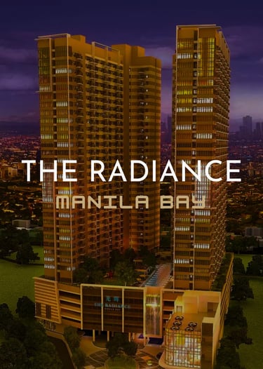 Luxurious twin towers of The Radiance Manila Bay residential condominium at sunset.