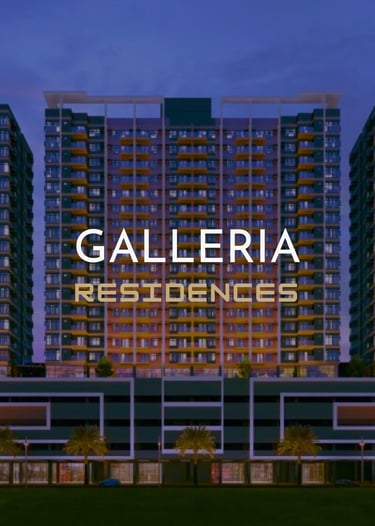 Luxury exterior of Galleria Residences, a high-rise modern apartment building with glowing balconies at dusk.