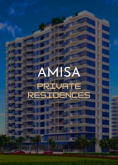 A modern high-rise building for Amisa Private Residences with blue glass balconies under a clear sky.