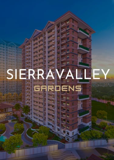 Modern high-rise residential building at Sierra Valley Gardens with sunset skyline view.