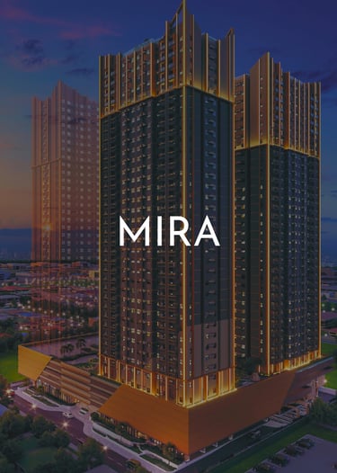 MIRA luxury residential high-rise condominium complex illuminated at sunset in a modern urban skyline.