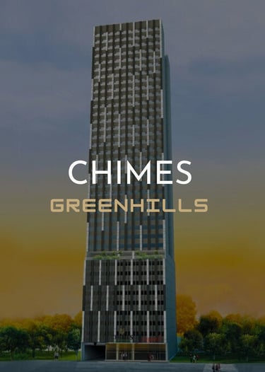 Modern high-rise residential building Chimes Greenhills skyscraper under a twilight sky.