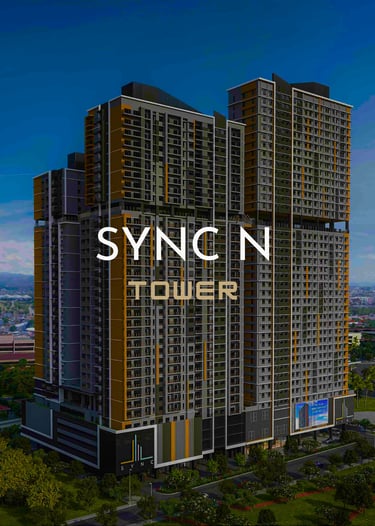 Modern SYNC N Tower high-rise residential condominium building architectural rendering at dusk.