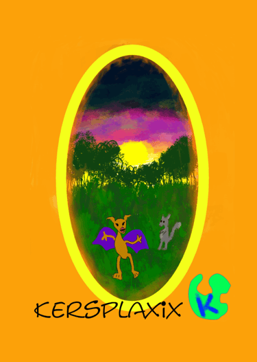 A card image of the Kersplaxix game with a small bat-gremlin character befuddling a squirrel