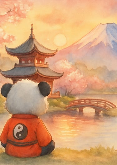 Children’s picture book image of panda looking out at zen buddhist temple and lake