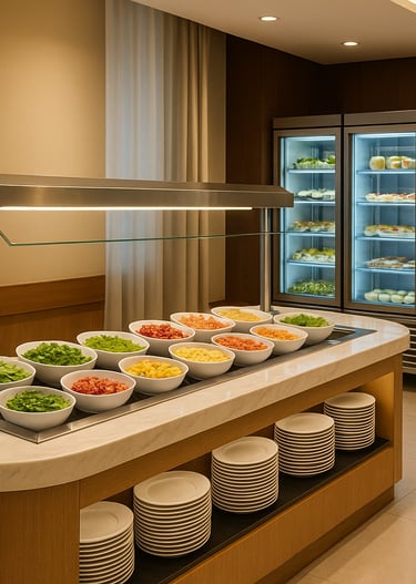 a buffet with a variety of food and drinks