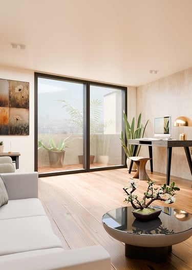3D render of contemporary living room with wooden flooring