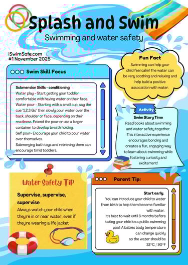 Swimming and water safety tips, parent tips, fun facts, swim skills, activities
