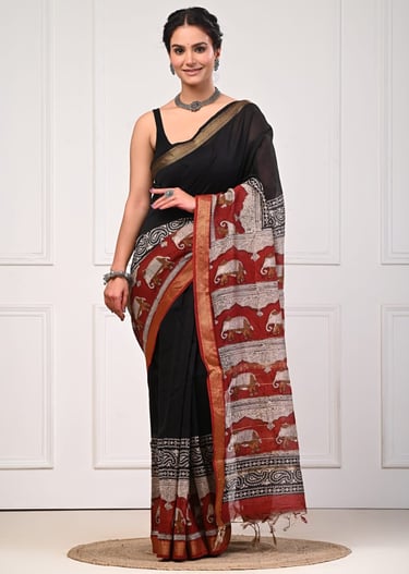 Premium Ajrakh print Maheshwari silk saree with traditional geometric motifs