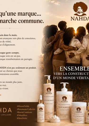 Nahda natural hair care products displayed in front of a group embracing at sunset for conscious beauty.