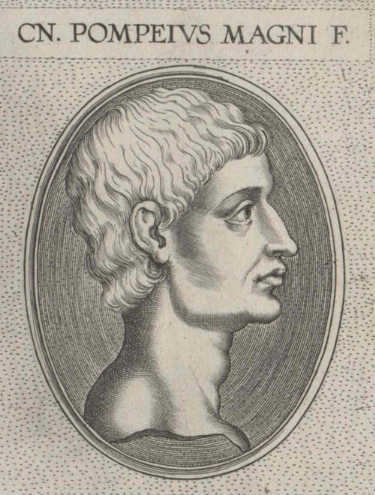 Engraved profile portrait of Gnaeus Pompeius Magnus, a Roman general and statesman, in an oval frame.