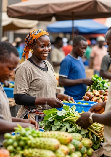 A vibrant local market in Kinshasa bustling with fresh produce and smiling vendors.