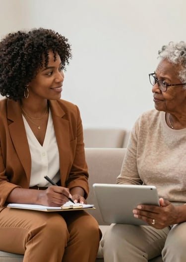 Smiling multi-generational family sharing a gentle moment outdoors in soft natural light.