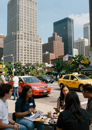 A vibrant cityscape of an American city depicting current events and lively discussions.