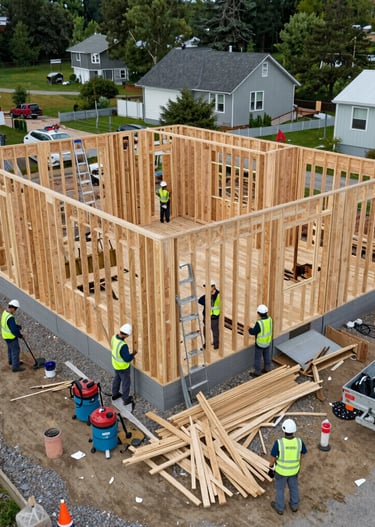 Construction site with workers cleaning debris and preparing the space for next building phase.
