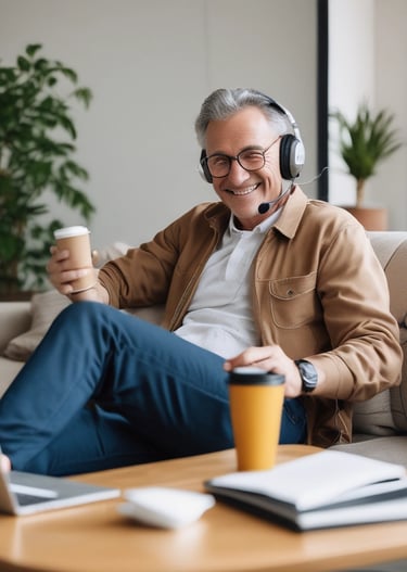 A smiling man in his 50s working comfortably at home with a tablet and headphones.