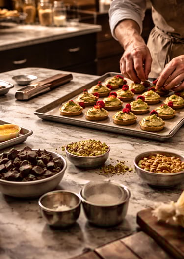 Professional pastry chef decorating gourmet pistachio and raspberry tarts in a bakery kitchen.