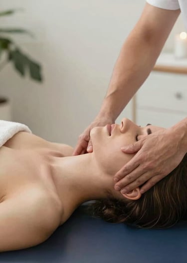 Hands gently massaging a tense shoulder, symbolizing stress relief.