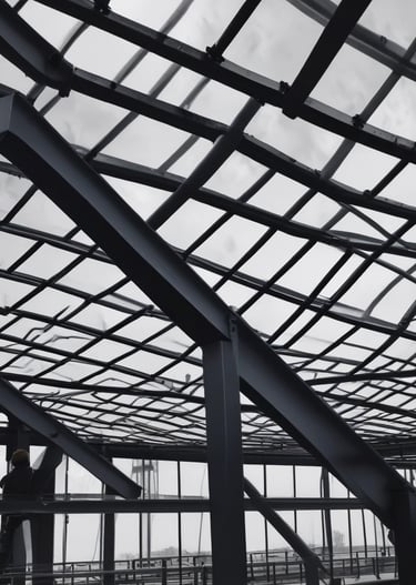 Steel piping framework being installed at an industrial site by skilled workers.