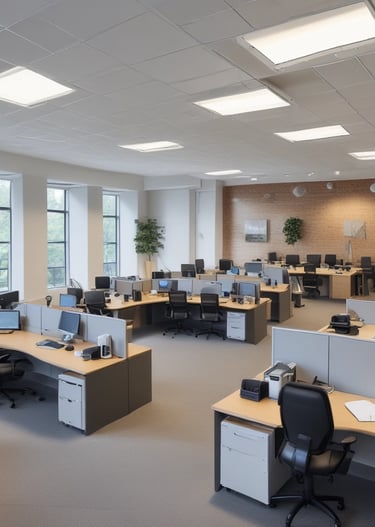 Team of cleaning professionals using equipment in bright office space