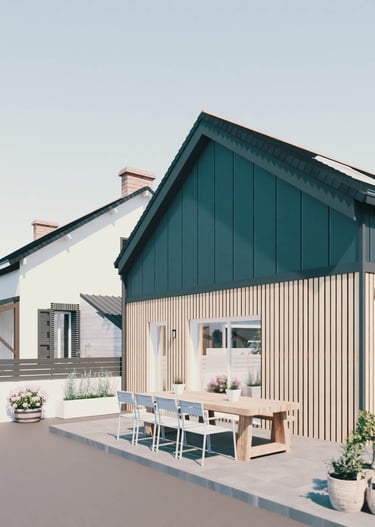 Projection en image de synthèse d'une rénovation extérieur d'une maison individuelle