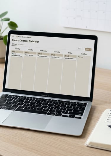 Organized workspace with a laptop displaying a content calendar and notebook for planning a simple b