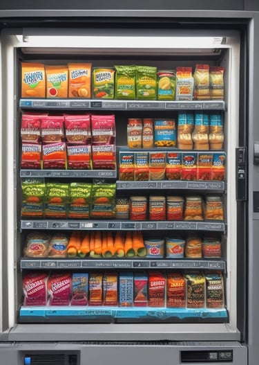Close-up of healthy snack options displayed in a sophisticated vending unit, highlighting fresh, vibrant packaging.