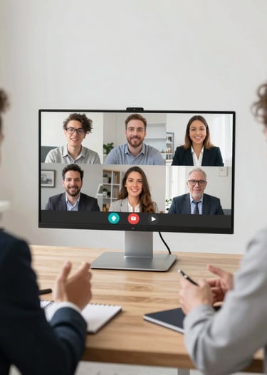 A modern office space with team members engaging in a strategic planning session.