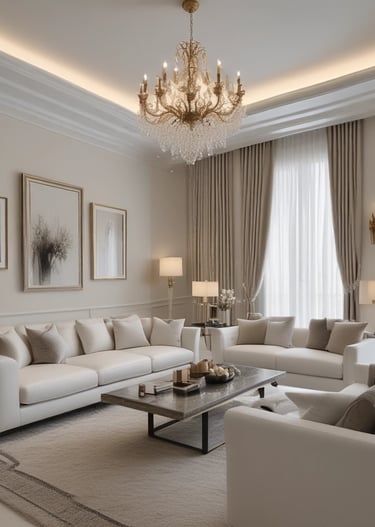 Interior shot of a stylish living room with plush seating and large windows overlooking Yas Marina.
