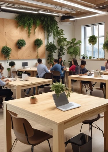 a group of people sitting at desks in a room