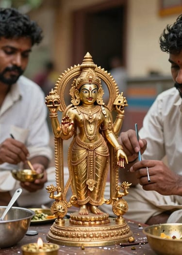 Close-up of gold-polished Lakshmi idol glowing softly against a dark maroon background.