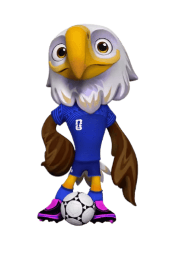 A cartoon bald eagle mascot wearing a blue soccer jersey and standing over a soccer ball.