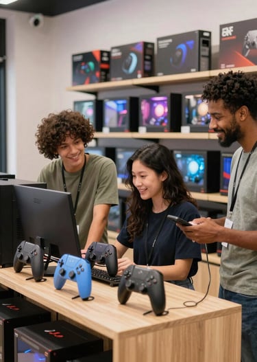 A retail storefront showcasing a variety of products with friendly staff assisting customers.