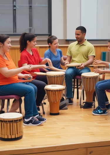 A person is seated in a calm, meditative posture on a mat, with three golden singing bowls placed in front of them. A wind chime made of bamboo is suspended, adding a serene ambiance to the scene. The individual is dressed in black athletic wear.