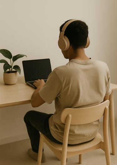 a man sitting at a desk with a laptop and headphones