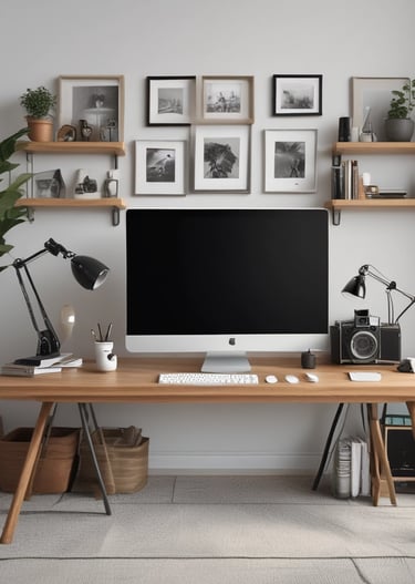 An elegant workspace featuring photography equipment and a clean aesthetic.